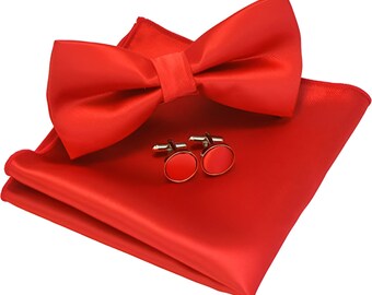 Mens Solid Color Double Fold Pre-tied Bow Tie and Pocket Square Cufflink Set with Gift Box