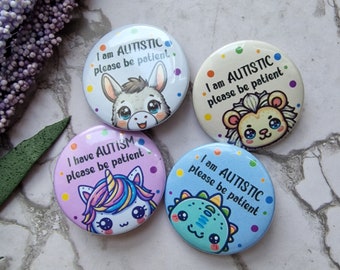 Disability button pin, awareness button pin, animal disability badge, communication badge, cute button pin, rainbow button pin, kawaii pin