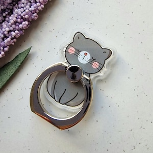 Soporte para anillo de teléfono con forma de gato gris, soporte para anillo de teléfono con forma de gato kawaii, soporte para teléfono de 360 grados, agarre para el dedo del teléfono, accesorio para teléfono con forma de gato kawaii, soporte para agarre del teléfono