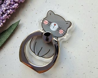 Grey cat phone ring holder, kawaii cat phone ring holder, 360 phone stand, phone finger grip, kawaii phone cat accessory, phone grip holder