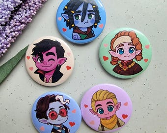 Palia inspired button pin, reth badge pin, jel button pin, hodari button pin, hassian button pin, naio badge pin, chibi palia game badge pin