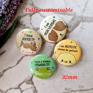 Disability button pin, awareness button pin, animal disability badge, communication badge, cute button pin, rainbow button pin, kawaii pin