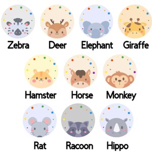 May include: A set of 12 colorful animal illustrations, each with a different animal, including a zebra, deer, elephant, giraffe, hamster, horse, monkey, rat, raccoon, and hippo. Each animal is surrounded by a circle of colorful dots.