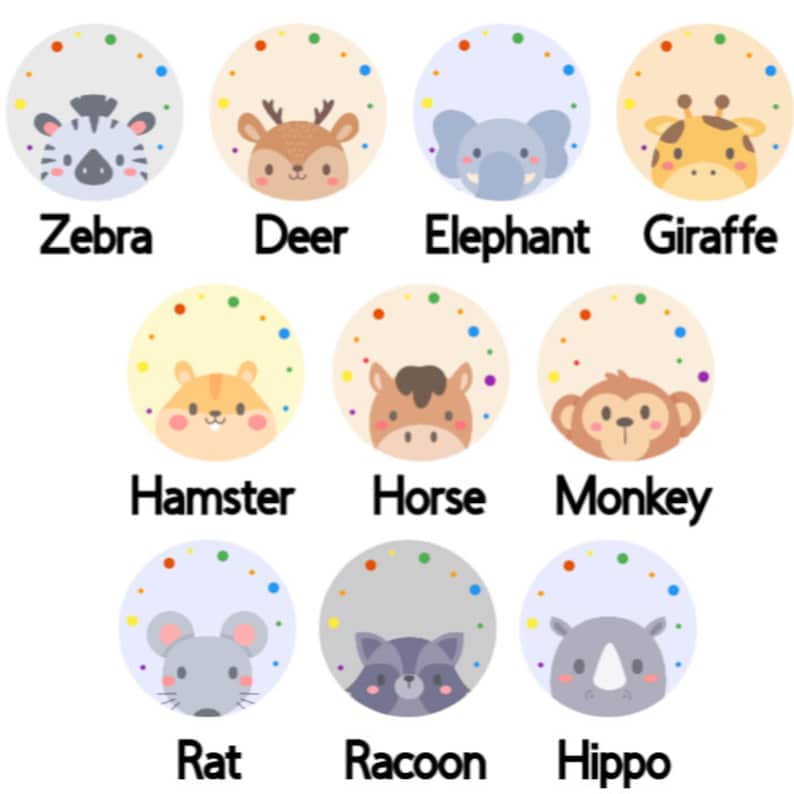 May include: A set of 12 colorful animal illustrations, each with a different animal, including a zebra, deer, elephant, giraffe, hamster, horse, monkey, rat, raccoon, and hippo. Each animal is surrounded by a circle of colorful dots.