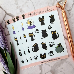 Halloween cat sticker sheet, black cat decorative sticker, laptop stickers, planner stickers, ipad stickers, journal sticker, stationery
