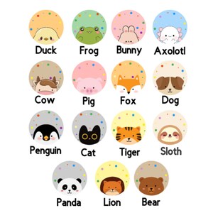 May include: A colorful chart with 16 different animal illustrations. Each animal is depicted in a circle with a confetti background. The animals include a duck, frog, bunny, axolotl, cow, pig, fox, dog, penguin, cat, tiger, sloth, panda, lion, and bear.