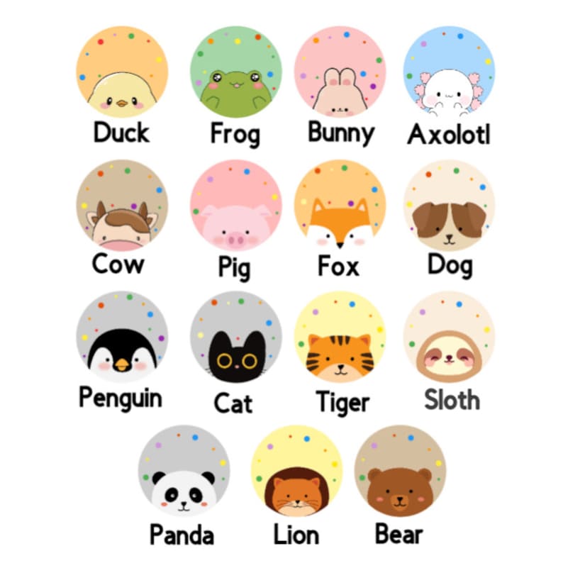 May include: A colorful chart with 16 different animal illustrations. Each animal is depicted in a circle with a confetti background. The animals include a duck, frog, bunny, axolotl, cow, pig, fox, dog, penguin, cat, tiger, sloth, panda, lion, and bear.