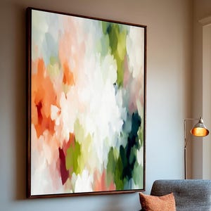 Large Floral Abstract Canvas Art,Peach and Green Painting,Modern Impressionist Wall Decor,Colorful Contemporary Home Statement