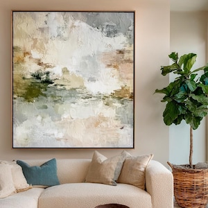 Large Canvas Wall Art Painting,Textured Abstract Landscape in Beige & Olive,Neutral Tones,Statement Piece for Modern Home Decor