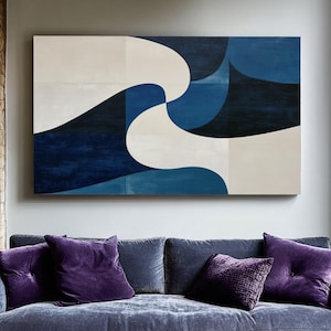 Navy Blue Geometric Painting, Handmade Canvas Art, Original Abstract Artwork, for Home Office, Modern Home Style Decor