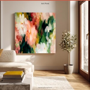 Impressionist Floral Art,Large Canvas Coral and Green Flower Painting,Vibrant Modern Wall Decor,Statement Piece for Home