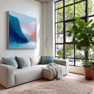 Pintura abstracta azul verdoso, obra de arte al óleo original, lienzo hecho a mano para dormitorio, estilo hogareño moderno, arte de pared grande