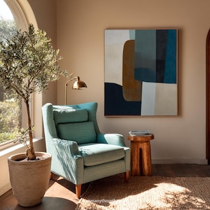 Teal Blue Contemporary Painting Original Geometric Canvas Art Hand Painted Abstract Artwork Modern Home Style for Living Room