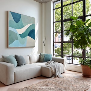 Teal Blue Abstract Painting, Handmade Acrylic Canvas Art, Original Artwork for Bedroom, Modern Home Style, Large Wall Art