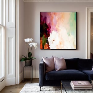 Colorful Dreamy Floral Abstract Artwork,Large Canvas Wall Art,Pink and Green Clouds,Vibrant Pastel Painting,Modern Home Decor
