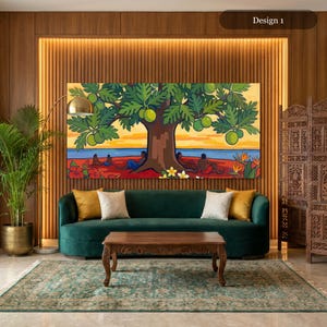 May include: A rectangular wall art print titled Design 1 featuring a stylized painting of a large tree with green leaves and round green fruits. Beneath the tree, figures sit on a red beach near a blue ocean under a yellow and orange sky.