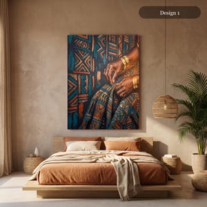May include: A rectangular wall art print titled Design 1 featuring a textured painting of dark-skinned hands adorned with gold bracelets and rings, resting on fabric with a geometric pattern in shades of teal, copper, and black.