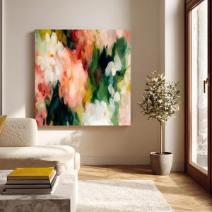 Impressionist Floral Art,Large Canvas Coral and Green Flower Painting,Vibrant Modern Wall Decor,Statement Piece for Home
