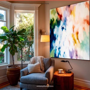 Abstract Impressionist Painting,Vibrant Canvas Wall Art,Blue Peach Clouds,Colorful Modern Home Decor,Multicolor Statement Piece