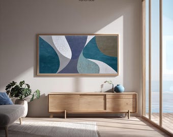 Blue Organic Abstract Painting Large Wall Art, Geometric Minimalist Canvas, Teal Gray Modern Abstract Painting Living Room