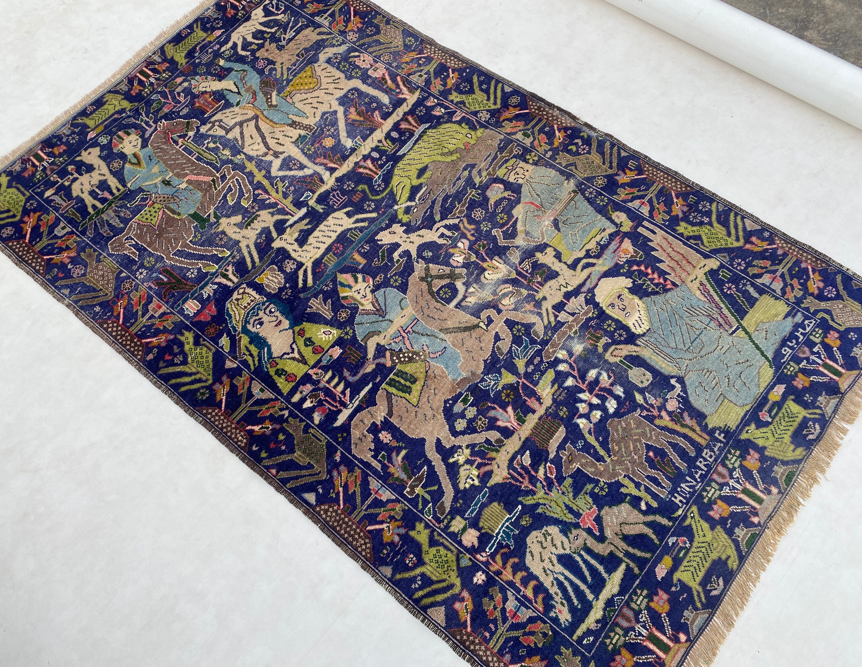 1920s One of Kind Antique Pictorial Rug 4x6 Ft / Low Piles / Baluchi