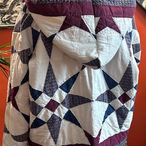 Vintage Quilt Jacket: Hooded Patchwork Coat, Indigo Plum Ivory Geometric Designs