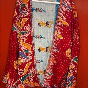 Roma- Upcycled Sari Kantha Jacket | Batik Botanical Print, Burgundy, Teal, Gold, Orange, Blue, Wearable Art