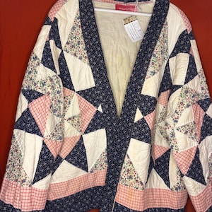 Vintage Quilt Coat Cecily | Navy Pink Star Patchwork Jacket | 1980s Textile Art M-XXL