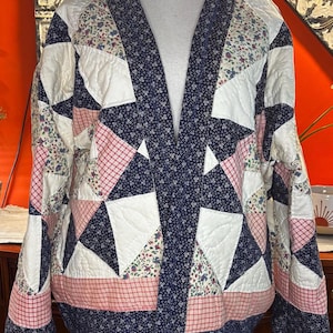 Vintage Quilt Coat Cecily | Navy Pink Star Patchwork Jacket | 1980s Textile Art M-XXL