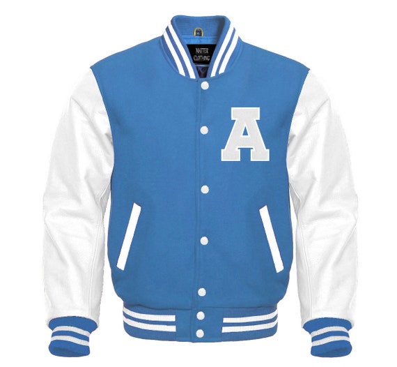 Fongt New Men's American baseball jacket patch patchwork jacket blue jacket  blue-S in 2023