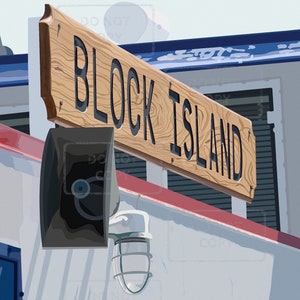 May include: A wooden sign with the words "Block Island" in black lettering. The sign is attached to a white building with a blue trim. There is a black speaker and a white light fixture on the building.