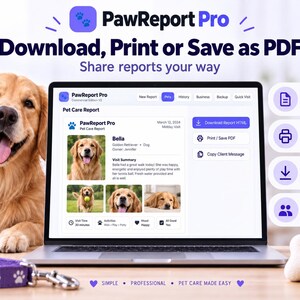 Puede incluir: Una pantalla de portátil que muestra la interfaz del software PawReport Pro para informes de cuidado de mascotas, con una foto de un golden retriever, resumen de visita y botones. Una correa morada con huellas de patas es visible.