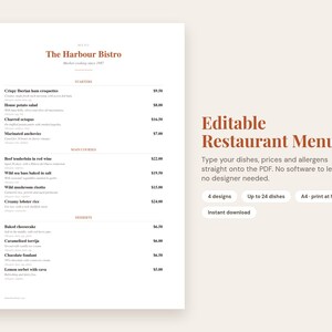 Puede incluir: Una plantilla de menú de restaurante editable titulada The Harbour Bistro, que presenta secciones para entrantes, platos principales y postres con texto de marcador de posición. A la derecha, el texto dice Editable Restaurant Menu, 4 designs, Up to 24 dishes, A4 - print at home e Instant download.