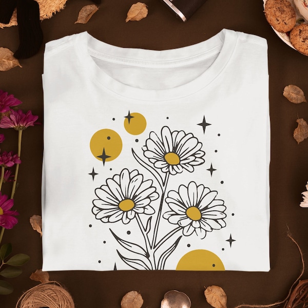 Fantastisches Blumen T-Shirt | Glitzernde Funken und Kreise | Lebendige und Verspielte Optik | Damen Shirt | Trendige Kleidung