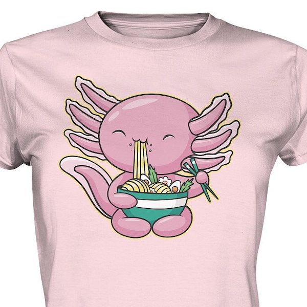 Süßes Damen-Axolotl-Shirt, Kawaii Axolotl schlürft Ramen, Geschenk Ideal für Tierfreunde und Ramen-Fans, Einzigartiges Design und Style