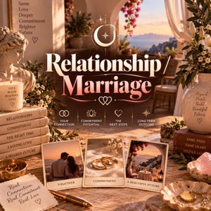 May include: A set of three rectangular cards featuring images of a couple, two gold rings, and a coastal balcony, labelled Together, Commitment, and A Beautiful Future, surrounded by books, a candle, and decorative items with text.