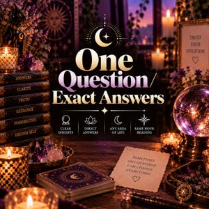 May include: A digital graphic featuring the text One Question/Exact Answers with icons for clear insights, direct answers, any area of life, and same hour reading. A stack of books labeled Answers, Clarity, Truth, Guidance, Possibilities, and Higher Self.