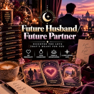 Könnte beinhalten: Eine Werbegrafik mit dem Titel Future Husband/Future Partner, die drei Tarot-Karten mit romantischen Motiven, einen Stapel Bücher mit Beziehungsthemen, eine Kaffeetasse mit Herz-Latte-Art und einen Ring in einer Samtschatulle zeigt.