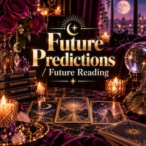 Może przedstawiać: Mistyczna scena przedstawiająca stos książek z napisami Astrology, Manifestation, The Universe i New Beginnings, karty tarota, kryształową kulę, zapalone świece i fioletowe róże. Tekst Future Predictions / Future Reading jest wyśrodkowany.