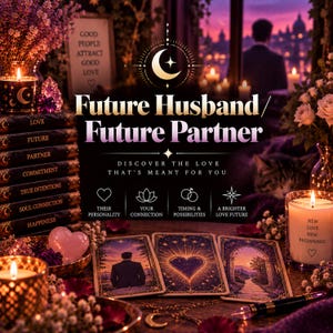 Può includere: Una lettura di tarocchi con il testo Future Husband/Future Partner, Discover the Love That's Meant For You, e icone per personalità, connessione, tempismo e futuro. Include candele, libri e tre carte dei tarocchi su un tavolo.