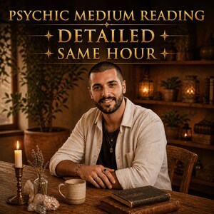 May include: Image features a man smiling, with text that reads "PSYCHIC MEDIUM READING, DETAILED, SAME HOUR." The man is seated at a wooden table with a lit candle, a mug, and a book. The background includes a plant and shelves.