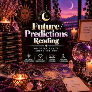 Może przedstawiać: Znak Future/Predictions Reading ze stosem książek z etykietami Past, Present, Future, Possibilities, Guidance, Clarity, Manifestation. Zawiera kryształową kulę, karty tarota, świece oraz tekst A Brighter Chapter Is Coming.