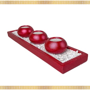 Ruby Red Large Rectangular Tray with Three Round Candle Holders - Enhances Your Living Space