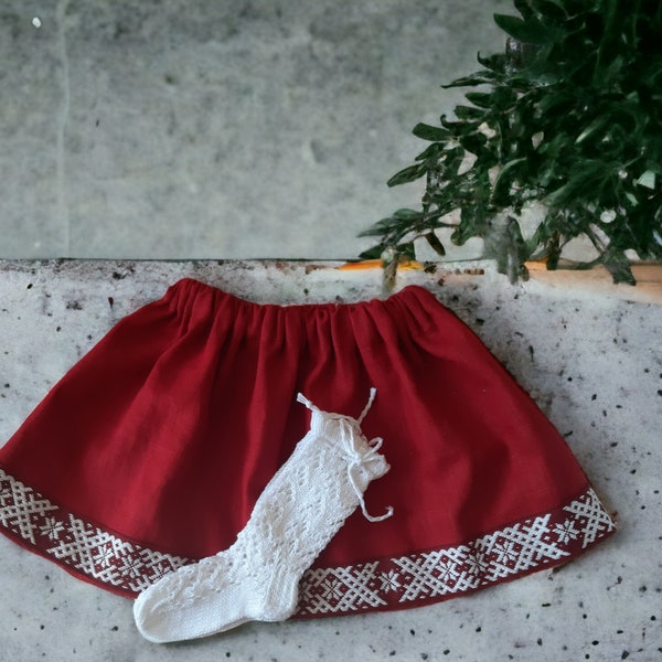 Leinenrock roter Rock Schürze mit folkloristischem Schleifenrock auf elastischen Tanzrock Baumwollsocken weiße Socken
