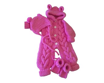 Hand Knit Merino Baby Overalls: Hooded Bear Costume