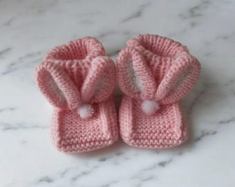 Hand Knitted Baby Bunny Booties, Newborn Booties, Soft Baby Girl Shoes, Pink Rabbit Slippers, Baby Shower Gift