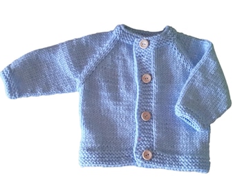 Pastel Blue Merino Wool Baby Sweater Coat, Hand Knit Raglan Cardigan, Button Up Infant Knitwear, Spring Baby Gift, Preemie to 24m