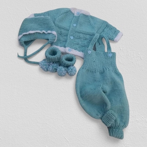Hand Knitted Merino Baby Outfit – Pants, Cardigan, Booties & Bonnet – Sizes 0–12 Months