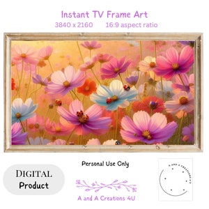 Puede incluir: Descarga digital de una imagen enmarcada que presenta un campo de flores cosmos rosas, blancas y azules con mariquitas. La imagen tiene 3840 x 2160 píxeles y una relación de aspecto de 16:9. El texto "Instant TV Frame Art" está en la parte superior de la imagen.