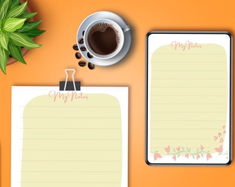 May include: Two printable lined notepads with the text "My Notes" in pink. The notepad on the left has a rounded edge and the notepad on the right has a floral border with pink flowers and hearts.